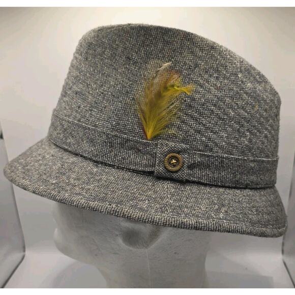 Vintage Richman Brothers Mens Size Large Gray Tweed Fedora Hat W/ Feather - Picture 1 of 9